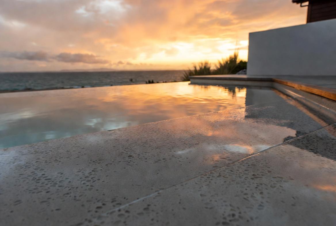 Non-slip sealed pool edge concrete for safe wet areas